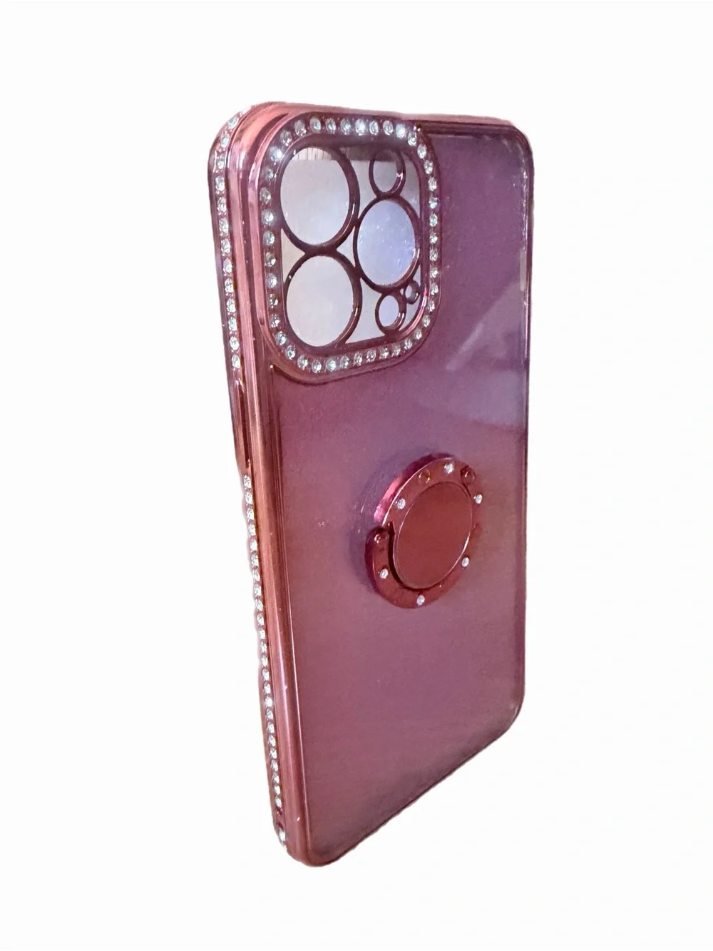 Red Glitter Phone Case with Ring Grip and Camera Rhinestones IPhone 15 Pro Max.